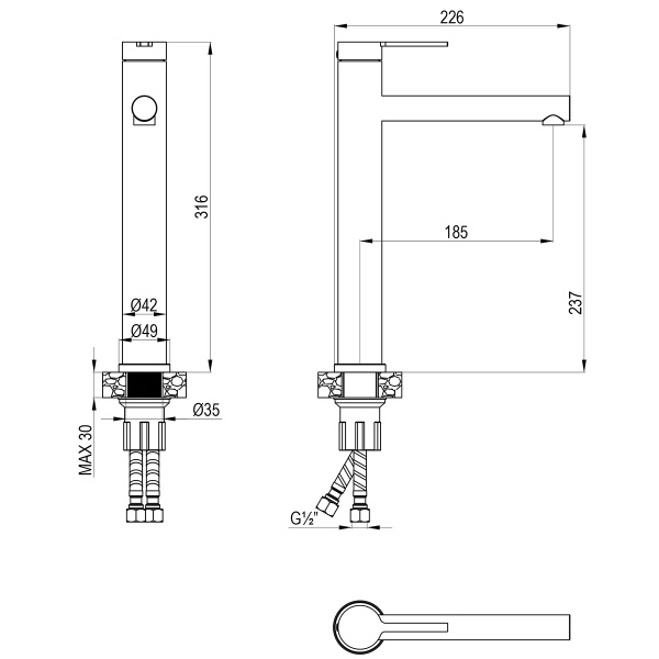 Смеситель Rossinka RSF-1715S-BL для раковины высокий монолитный