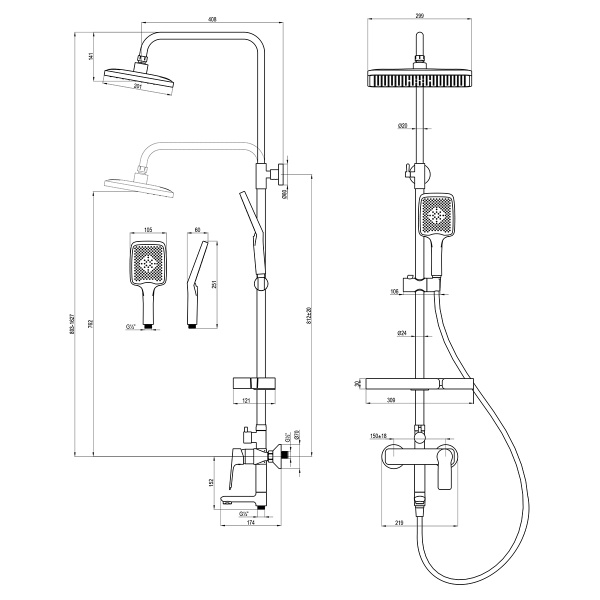 Смеситель Rossinka RS27-46BL для ванны и душа с регулируемой высотой штанги, поворотным изливом и лейкой "Тропический дождь"