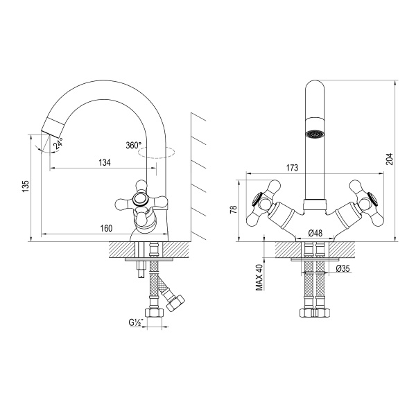 Смеситель Rossinka H02-64 для раковины с поворотным изливом