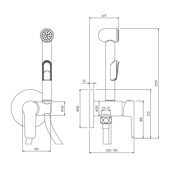 Смеситель Rossinka W25-51 с гигиеническим душем встраиваемый Смеситель Rossinka W25-51 с гигиеническим душем встраиваемый