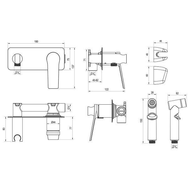 Смеситель Rossinka RS20-51 с гигиеническим душем встраиваемый