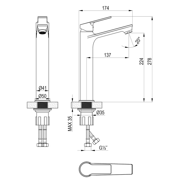 Смеситель Rossinka RS29-14 для раковины высокий монолитный