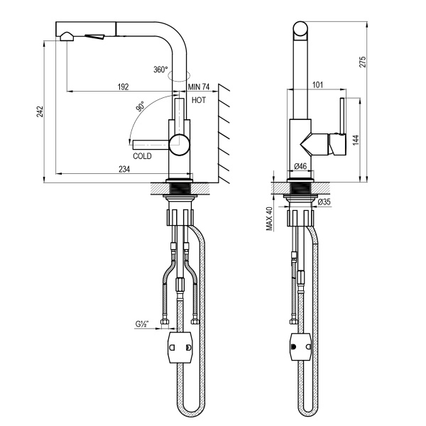 Смеситель Rossinka Z35-38 для кухни с вытяжным поворотным изливом