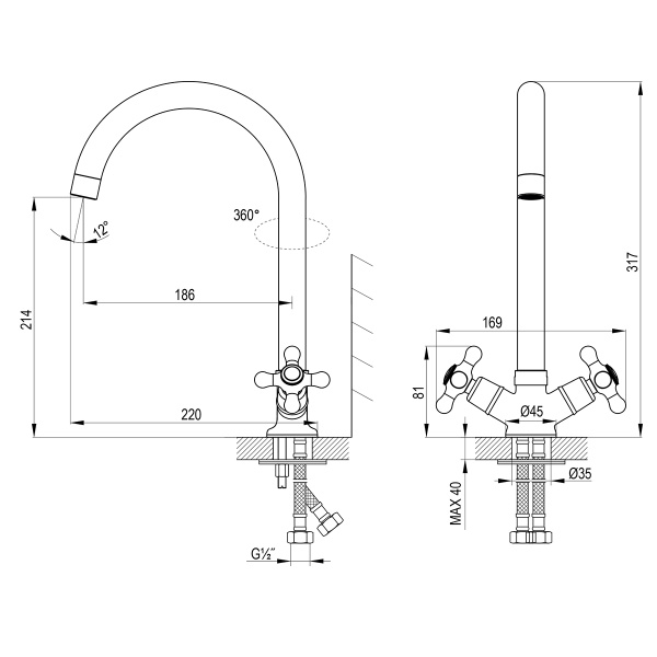 Смеситель Rossinka H02-76 для кухни с высоким поворотным изливом