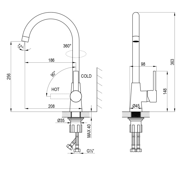 Смеситель Rossinka Z35-40 для кухни с высоким поворотным изливом